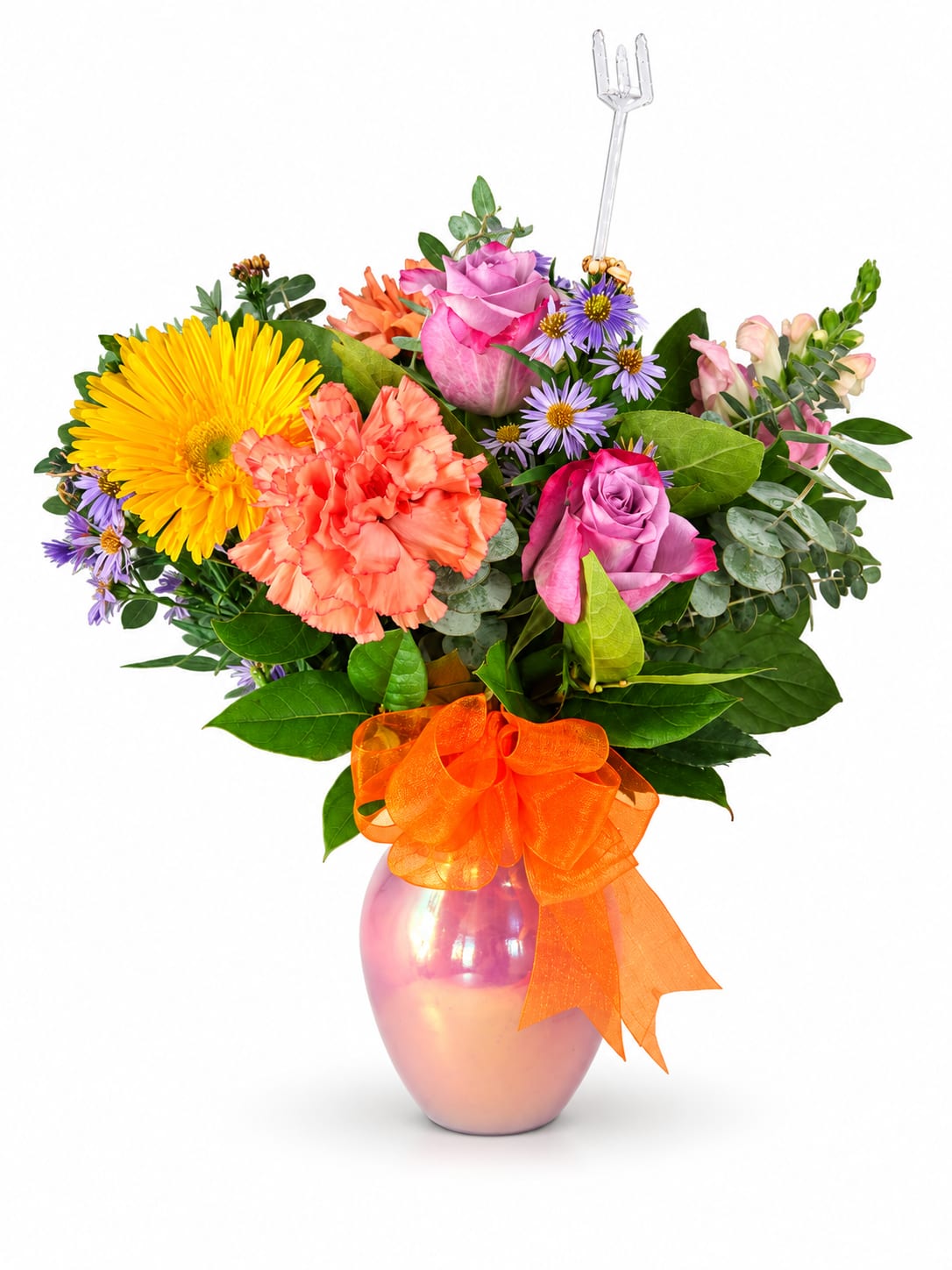 Colorful bouquet in a pink vase with an orange ribbon