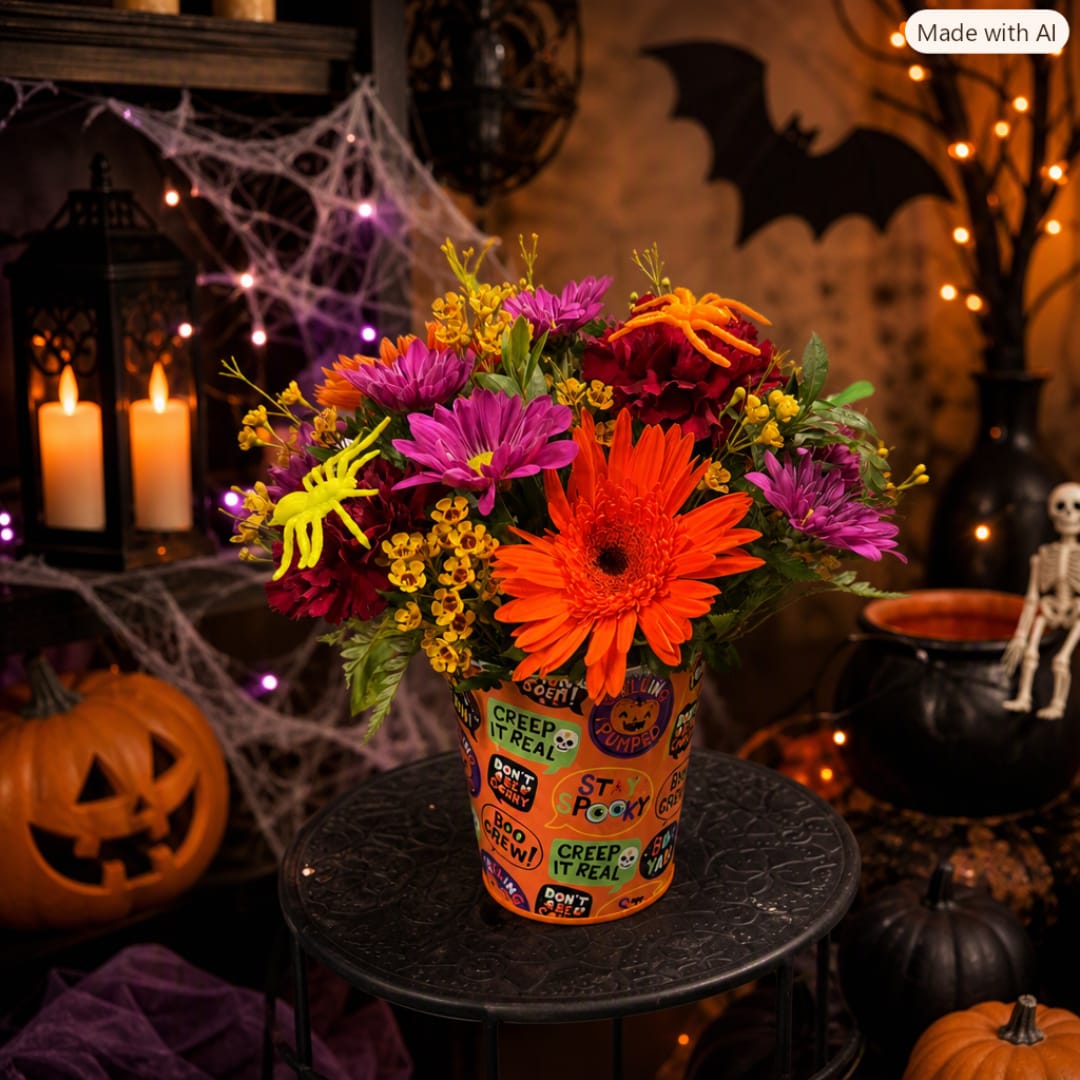 Bright mixed bouquet in a Halloween-themed bucket with pumpkins and candles nearby