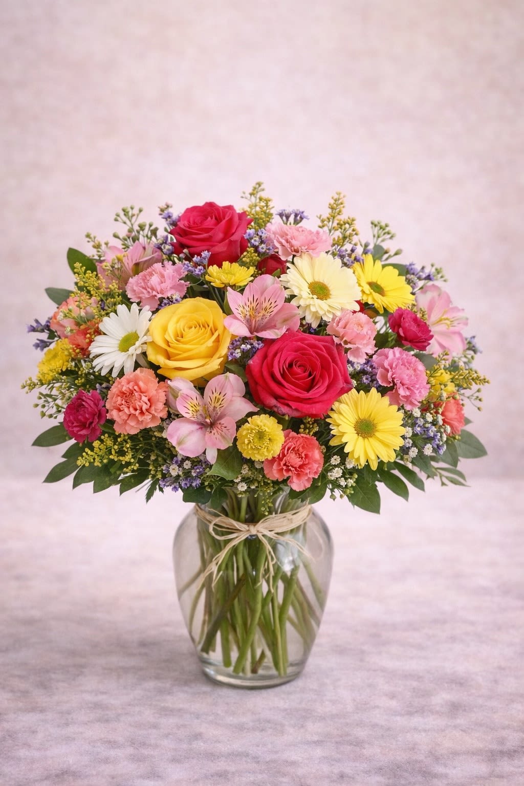 Radiant Celebration Bouquet -  Description: A cheerful hand-tied style arrangement featuring vibrant red and golden yellow roses, soft pink carnations, delicate alstroemeria, bright yellow daisies, and touches of lavender accent blooms, all surrounded by fresh seasonal greenery and beautifully arranged in a clear glass vase tied with a natural raffia bow. This design showcases a lively blend of warm yellows, rich reds, and soft pink tones, creating a joyful and welcoming look perfect for birthdays, celebrations, thank-you gifts, congratulations, or simply to brighten someone’s day.  Substitution Policy: Flower varieties may vary based on seasonal availability, but the overall color palette and bright, cheerful design will always remain the same. Any substitutions will be of equal or greater value and will maintain the vibrant red, yellow, and pink theme shown. ? Container Notice: Vase style may vary slightly depending on availability, but it will always complement the arrangement and preserve the fresh, hand-tied aesthetic. Our goal is to deliver an arrangement that reflects the same fullness, color harmony, and joyful elegance as pictured.
