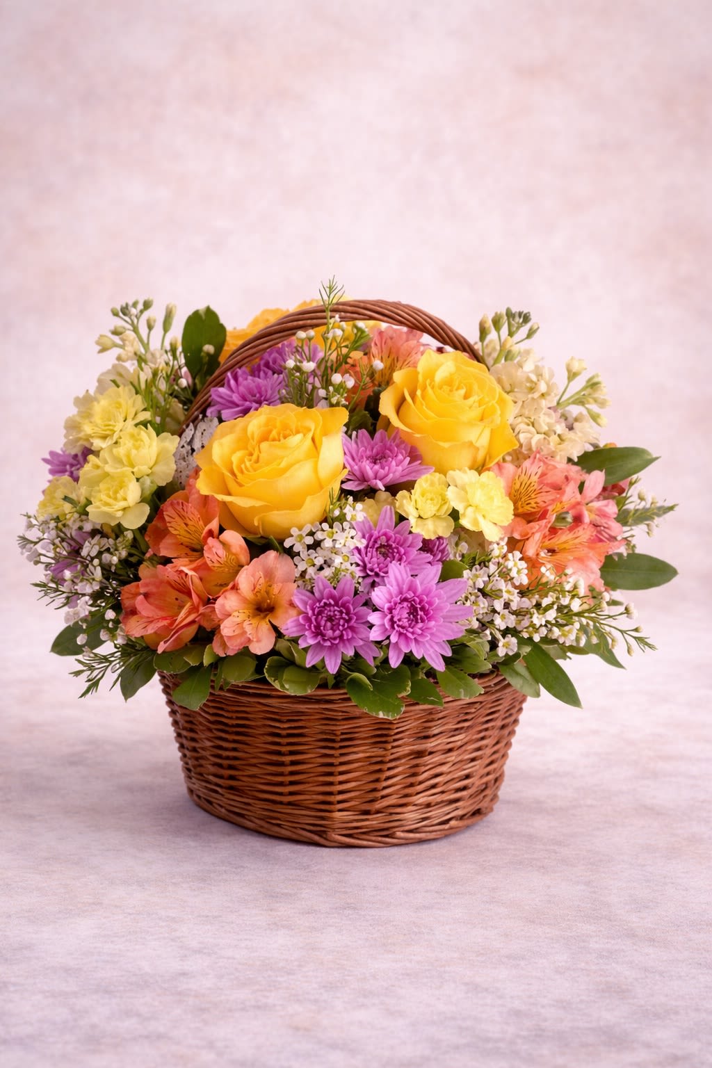 Sunlit Harvest Basket - Description: A radiant basket-style arrangement featuring golden yellow roses, soft peach blooms, cheerful lavender and pink chrysanthemums, delicate white accent flowers, and fresh seasonal greenery, all thoughtfully arranged in a classic woven basket. This design highlights a vibrant yet harmonious blend of sunshine yellow, warm peach, and soft lavender tones—creating a joyful and inviting look perfect for birthdays, congratulations, thank-you gifts, get well wishes, or simply to brighten someone’s day.  Substitution Policy: Flower varieties may vary based on seasonal availability, but the overall color palette and basket-style design will always remain the same. Any substitutions will be of equal or greater value and will maintain the warm yellow, peach, and lavender theme shown.  Container Notice: Basket style may vary slightly depending on availability, but it will always complement the arrangement and preserve the natural, charming aesthetic. Our goal is to deliver an arrangement that reflects the same fullness, color balance, and cheerful elegance as pictured.