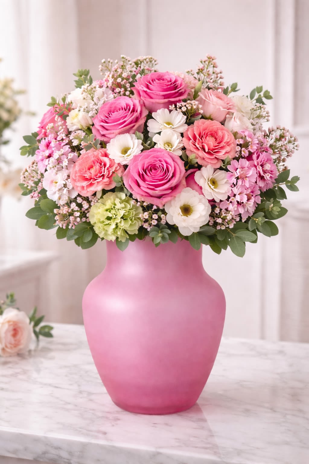 Love in Pastel -  Blushing Garden Arrangement A delicate and graceful bouquet designed to bring warmth and charm to any space. This arrangement features beautiful pink roses paired with soft seasonal blooms and fresh greenery, artfully arranged in a modern blush keepsake vase. The gentle pastel tones create a sweet and comforting feel — perfect for birthdays, baby showers, get-well wishes, thank-you gifts, or simply brightening someone’s day. • Fresh premium pink roses • Soft seasonal accent flowers • Elegant blush keepsake vase • Light, airy garden style design • Suitable for many occasions ⸻  Freshness &amp; Substitution Policy We use the freshest flowers available daily. If certain blooms are unavailable, we may substitute similar flowers while maintaining the same color palette, style, fullness, and overall value — your arrangement will always look soft, balanced, and beautiful.
