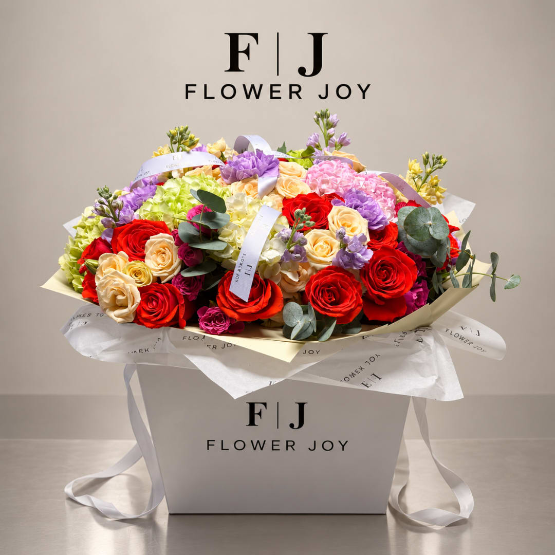 Mixed bouquet of roses and hydrangeas in a gift box