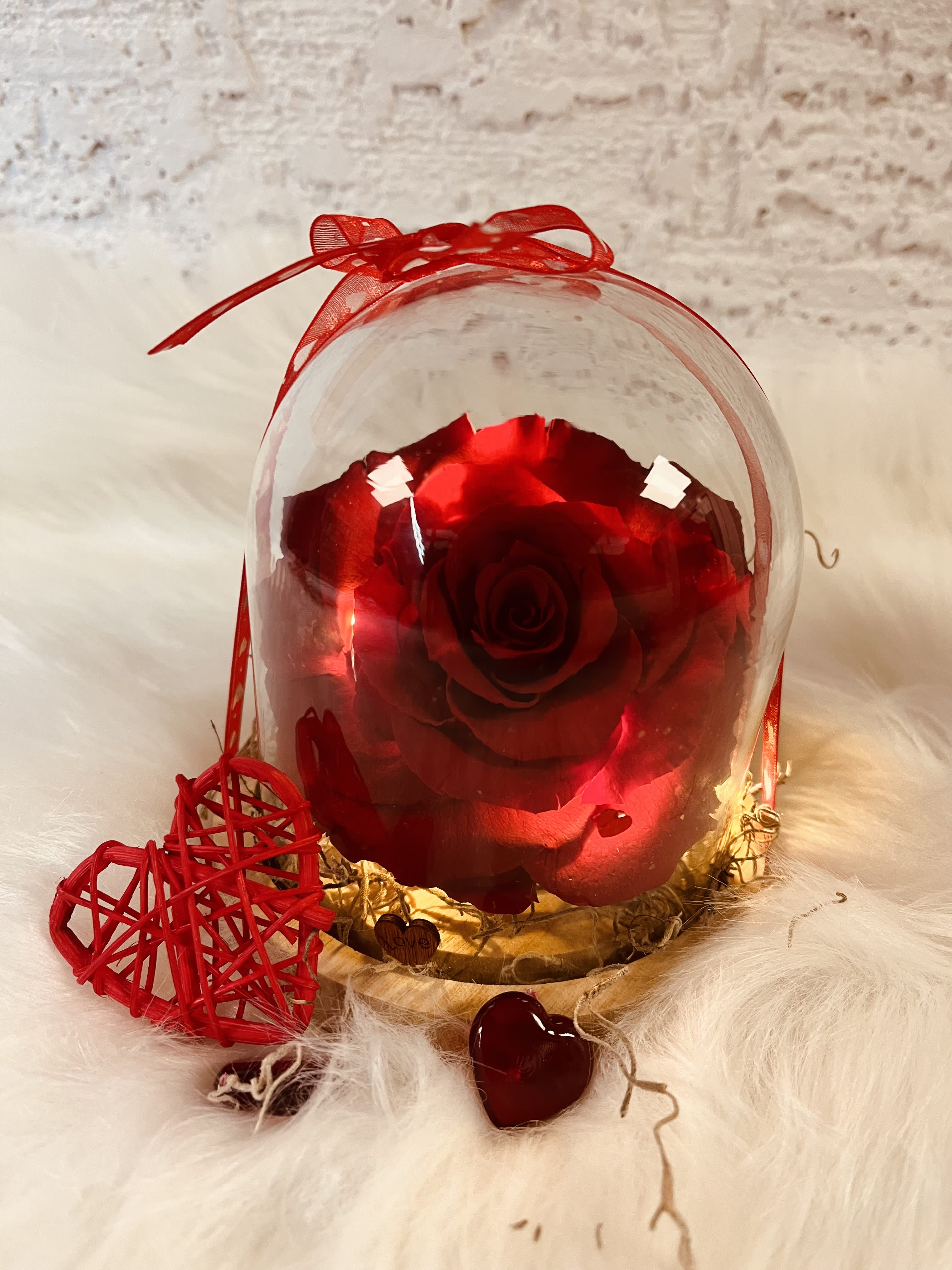 Red rose under a clear dome with a ribbon bow and heart decorations