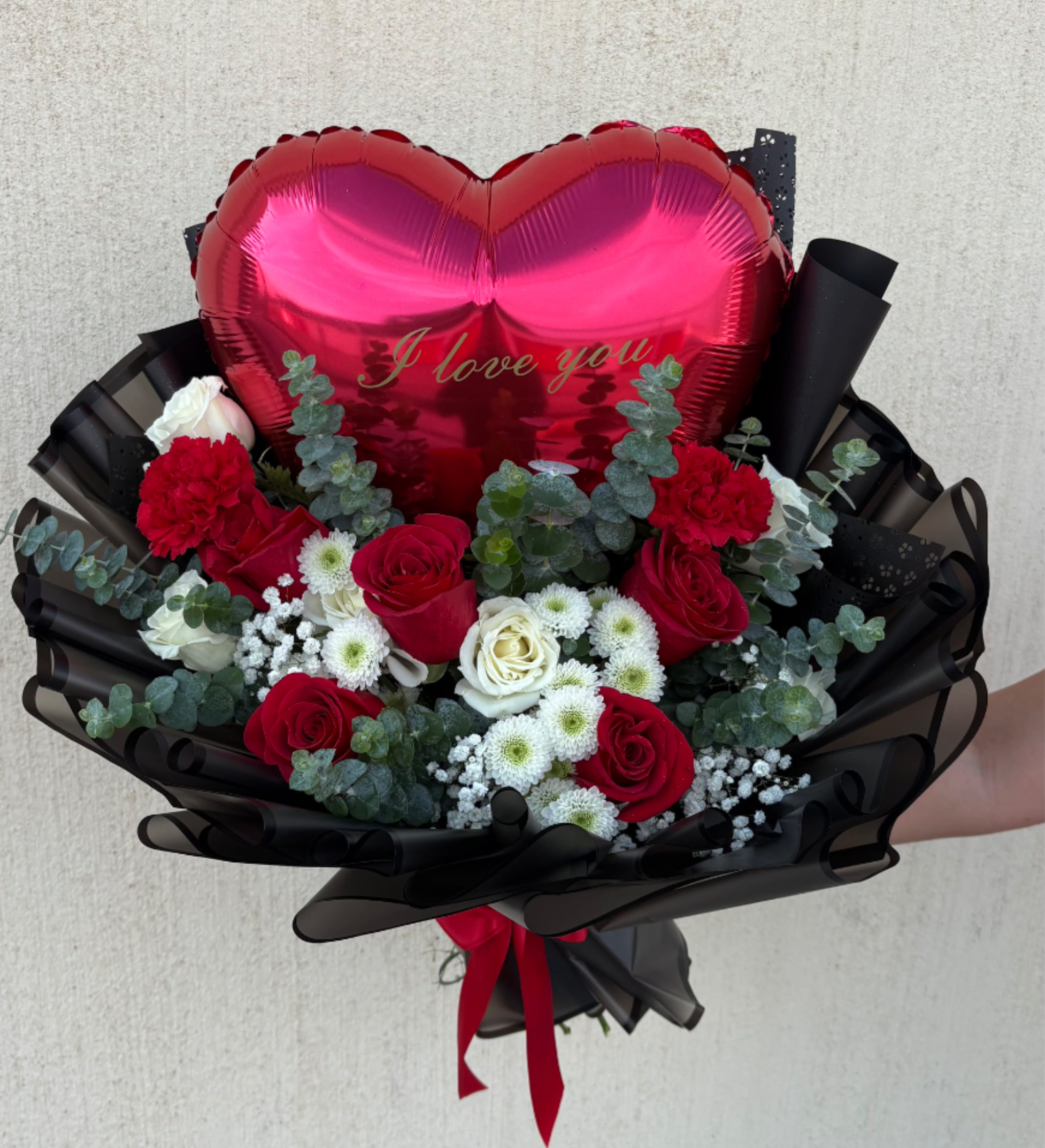 Red Balloon - Red Custom balloon message  With mixed blooms red themed