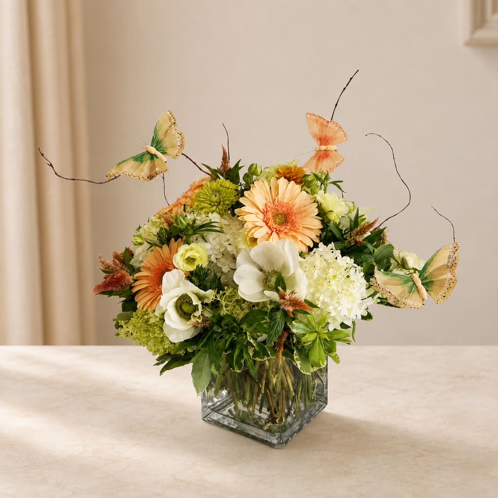 Mixed flower arrangement in a square glass vase with butterfly picks