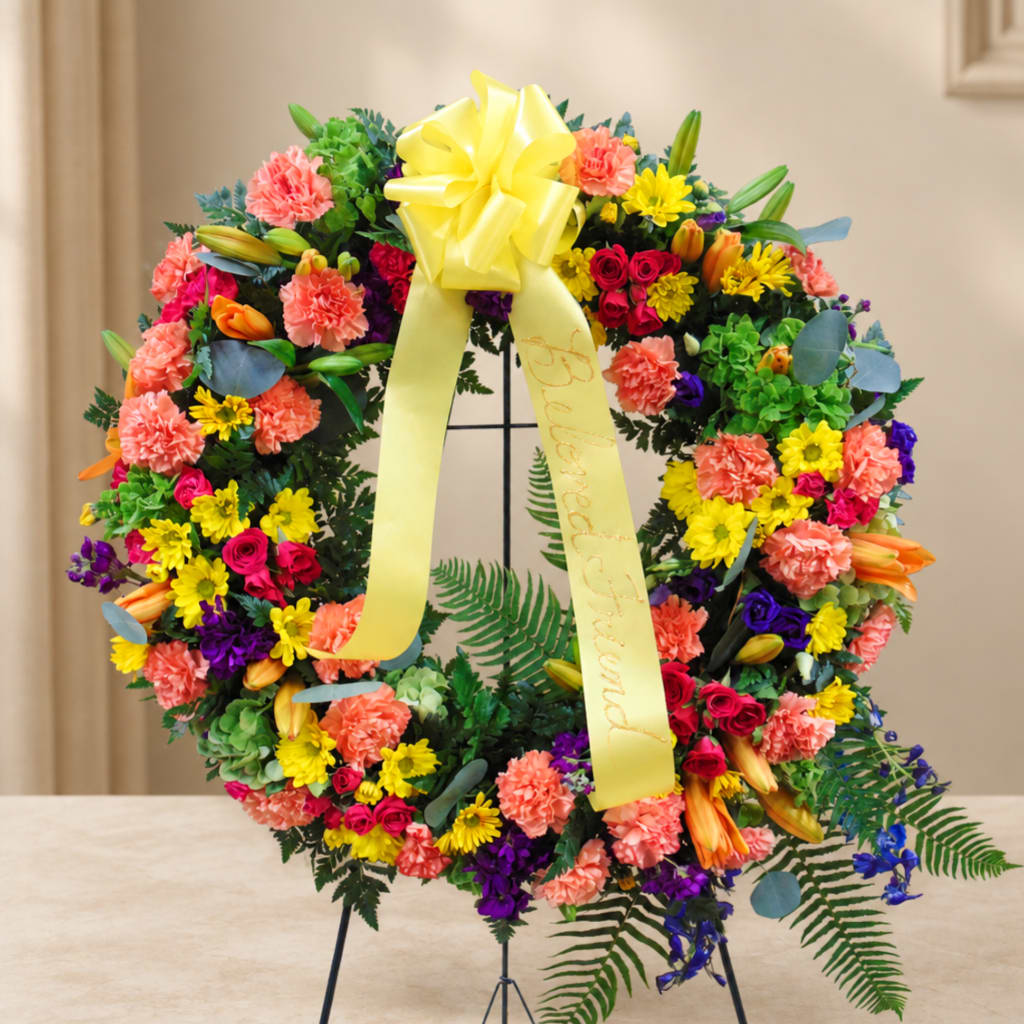 Colorful floral wreath on a stand with a yellow ribbon bow