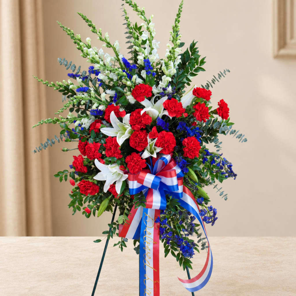 Standing floral spray with red carnations, white lilies, and blue accents on a ribboned easel