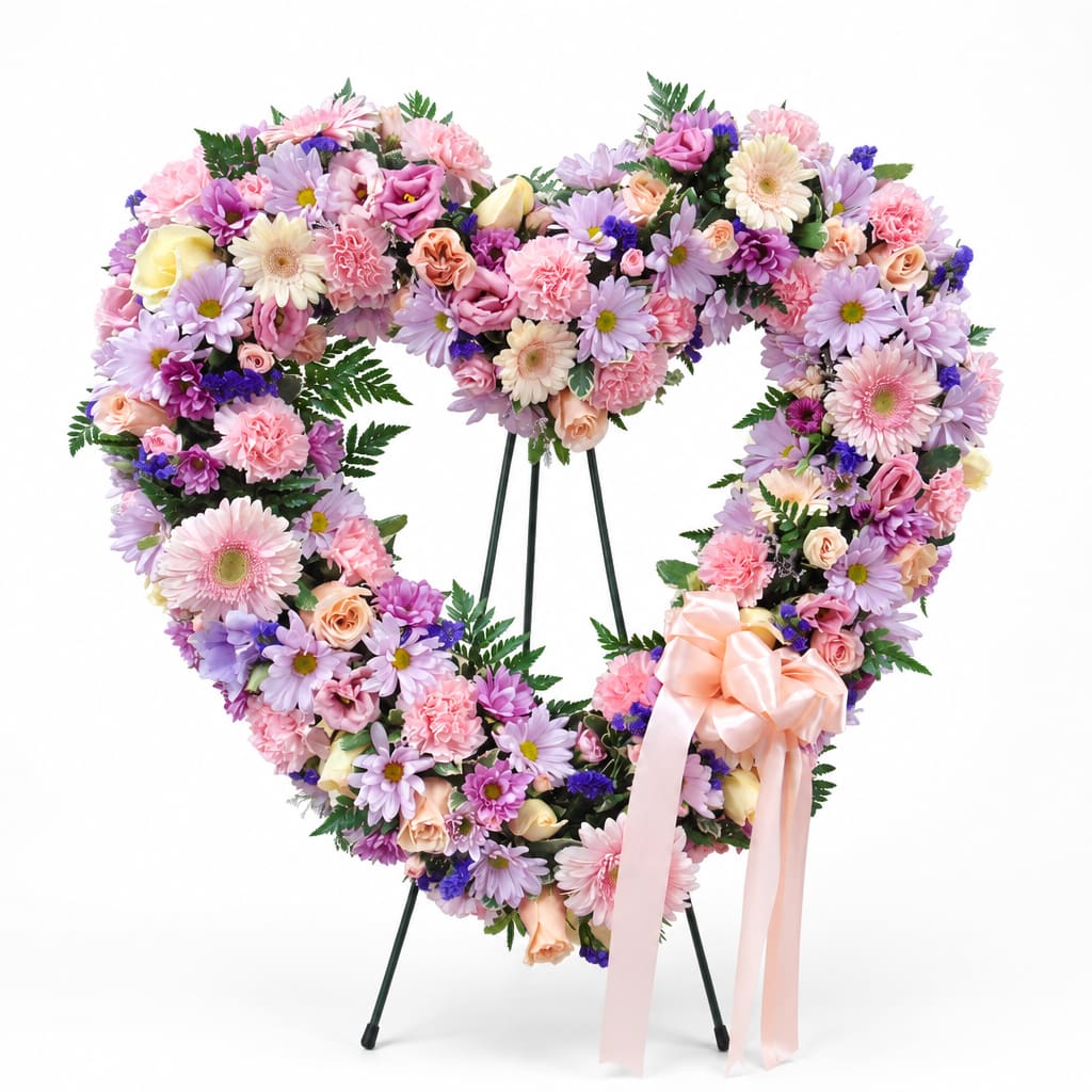 Heart-shaped floral wreath on a stand with a pink ribbon bow