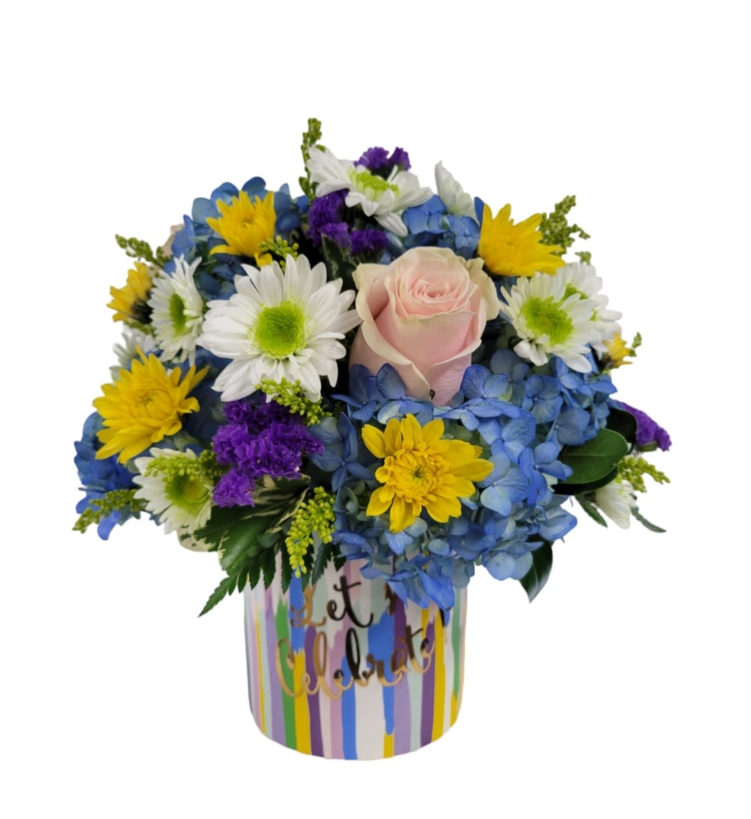 Colorful bouquet with a pink rose in a striped container