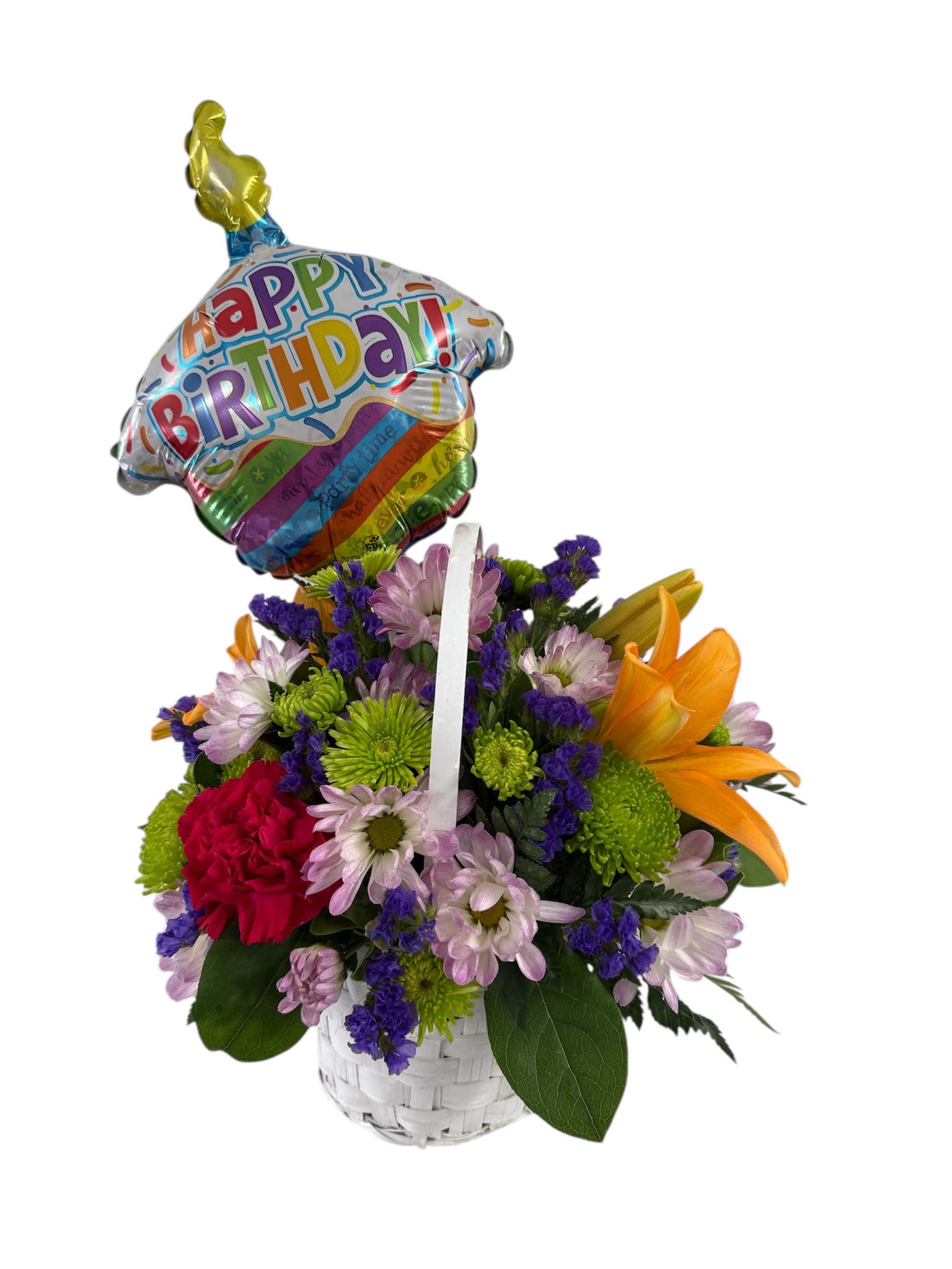 Birthday flower basket with a balloon and mixed blooms in a white basket