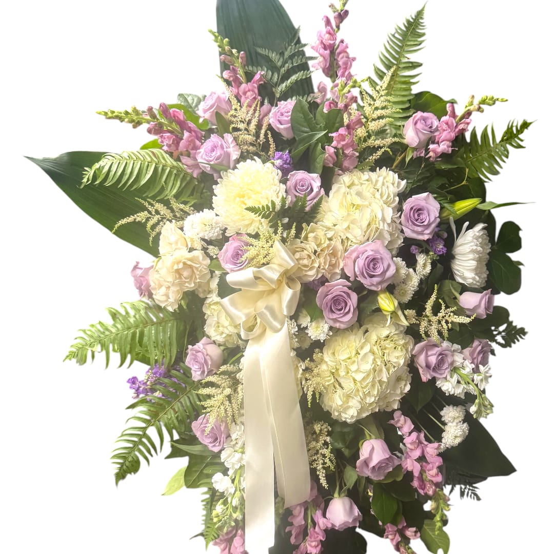 Lavender roses and cream hydrangeas with a satin ribbon