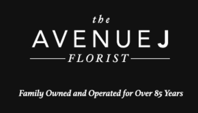 Black logo card for Avenue J Florist with white text
