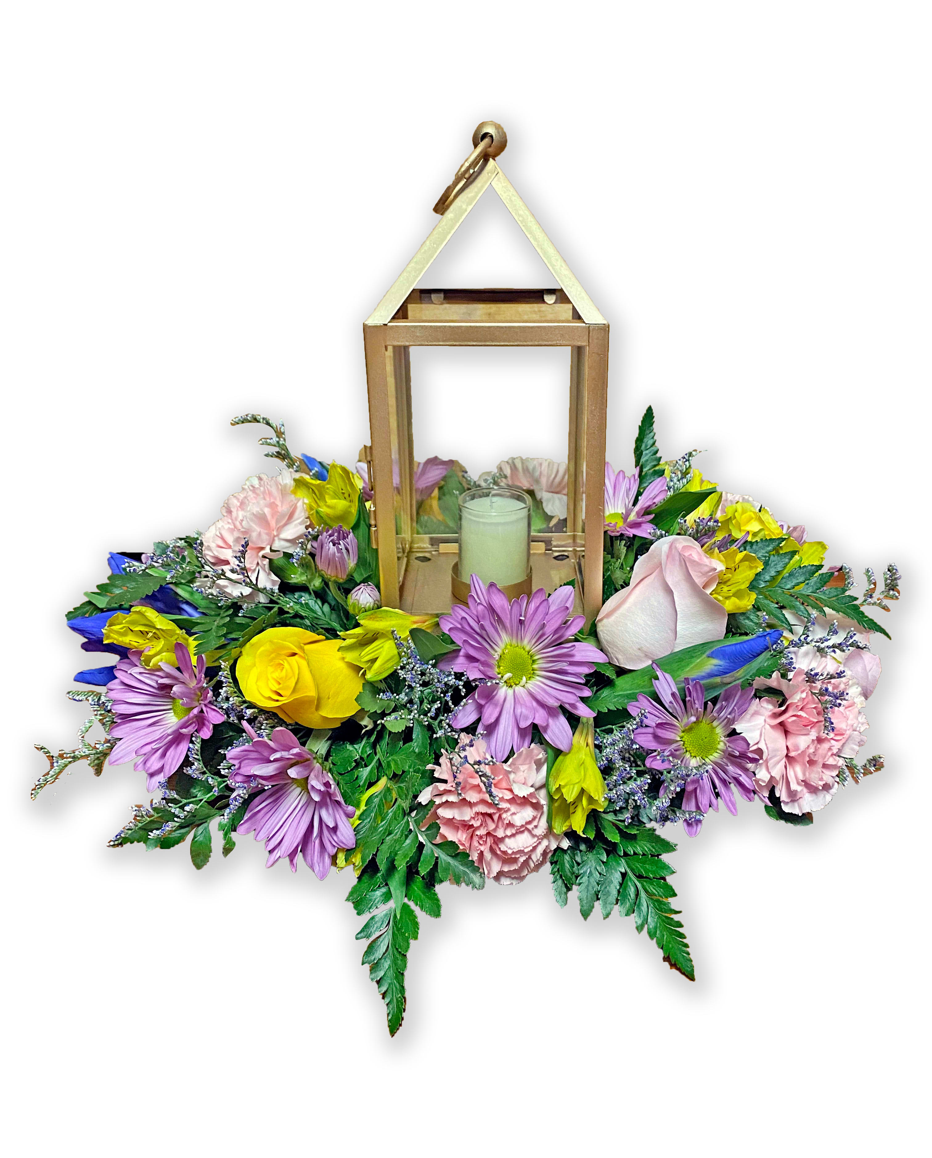 Floral lantern centerpiece with mixed pink, purple, and yellow blooms