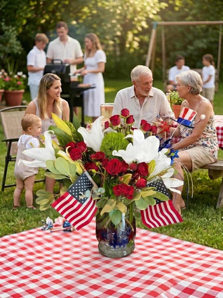 Red roses and white lilies in a glass vase with small American flags