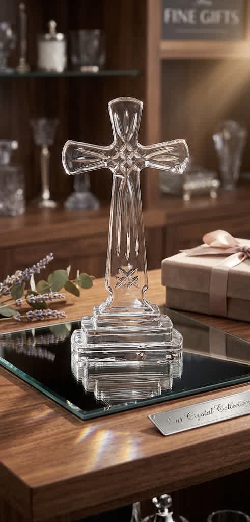 Clear glass cross on a wooden table beside a gift box