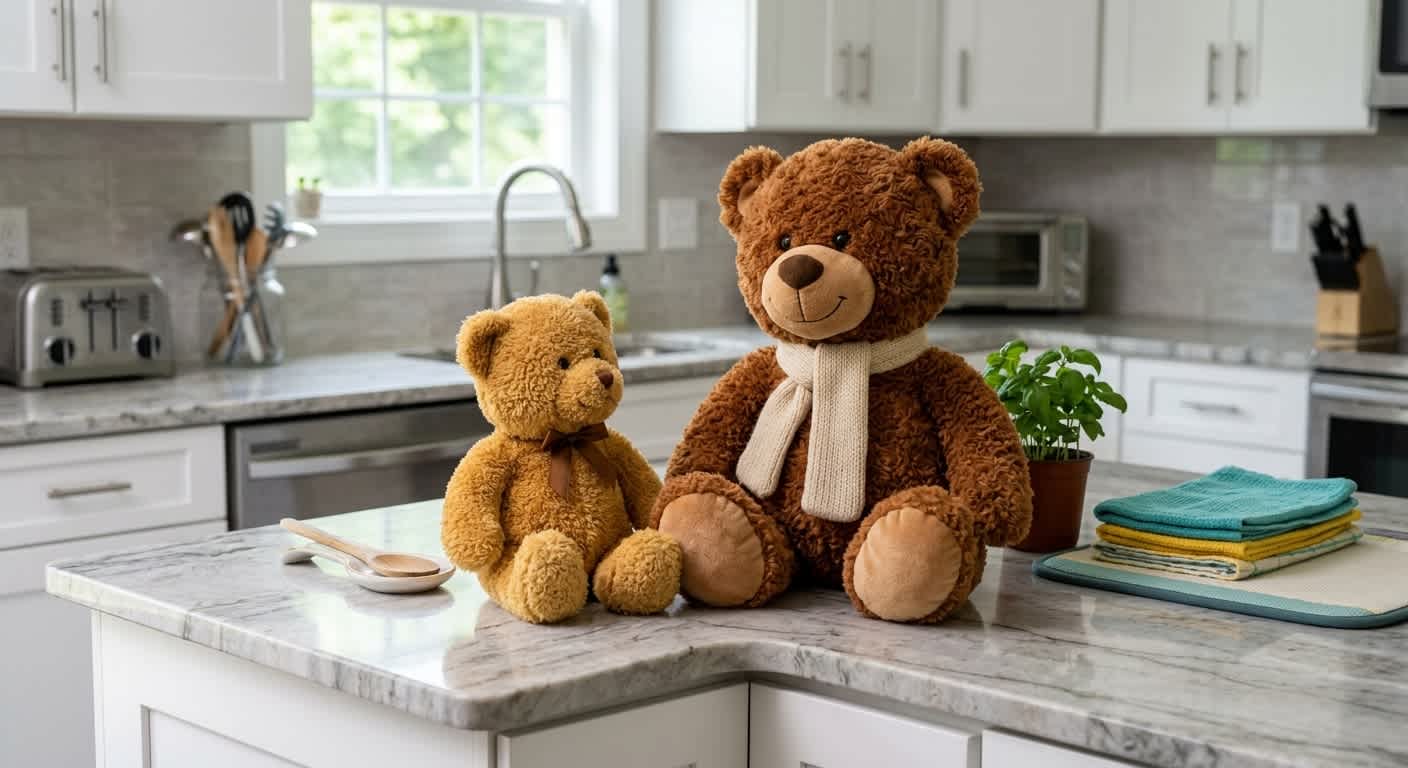 Two teddy bears on a kitchen island with a small potted plant and folded towels