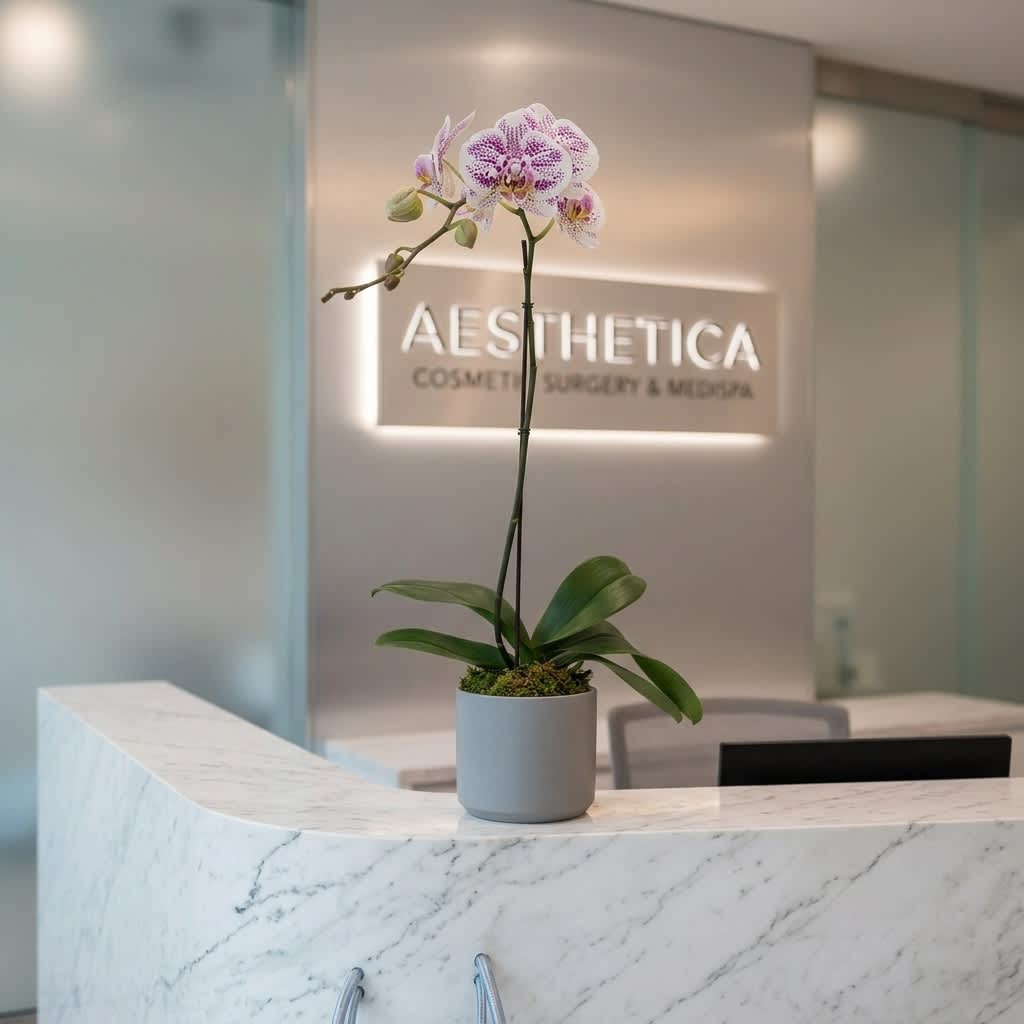 Potted orchid with white and purple flowers on a marble counter