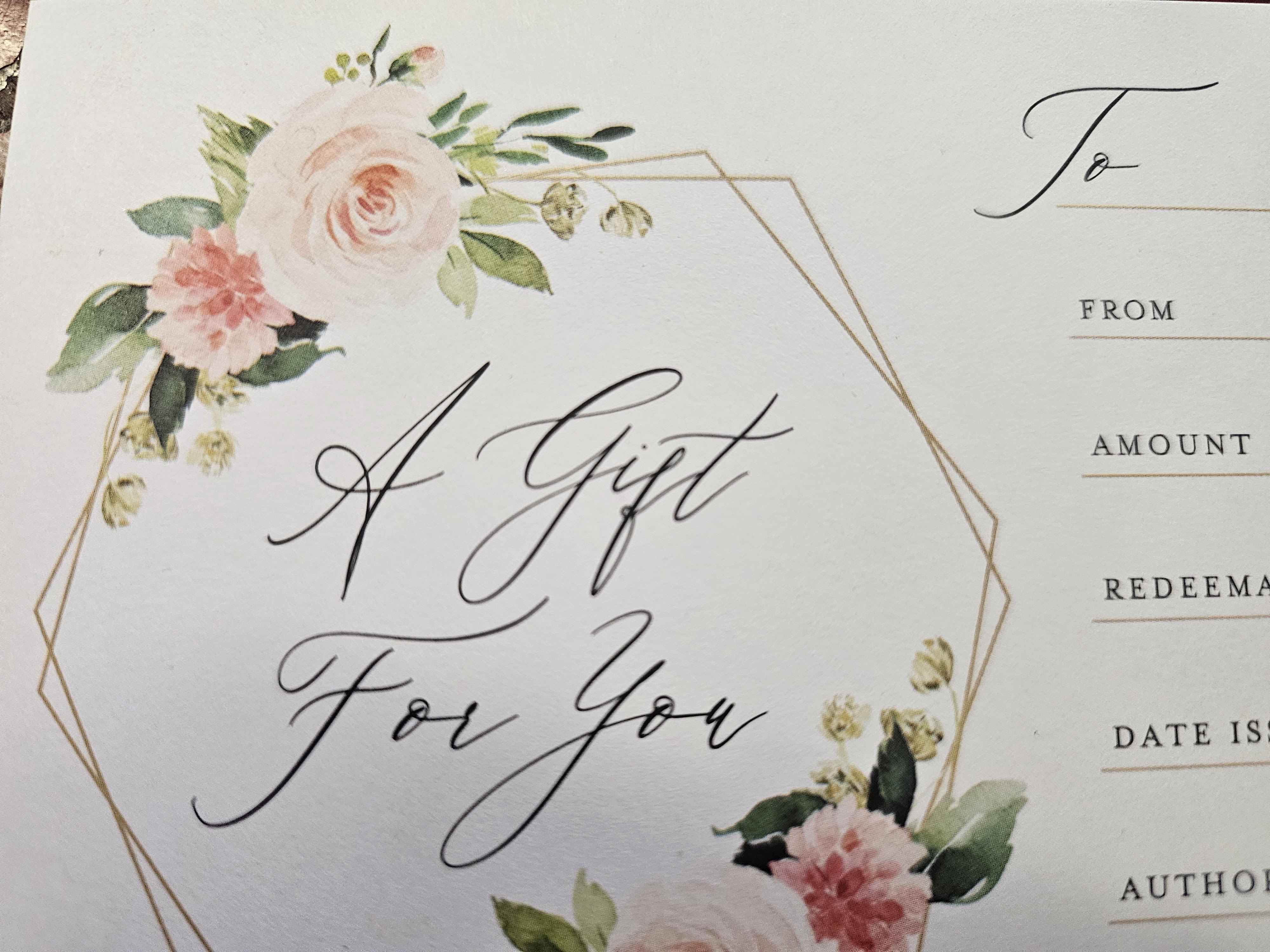 Floral gift card with pink and white flowers and the words "A Gift For You"