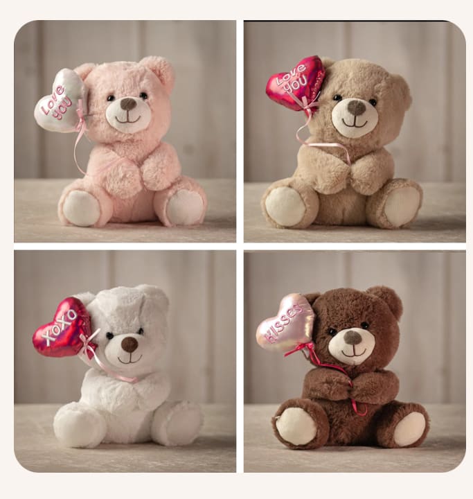 Four plush teddy bears holding heart balloons with love messages