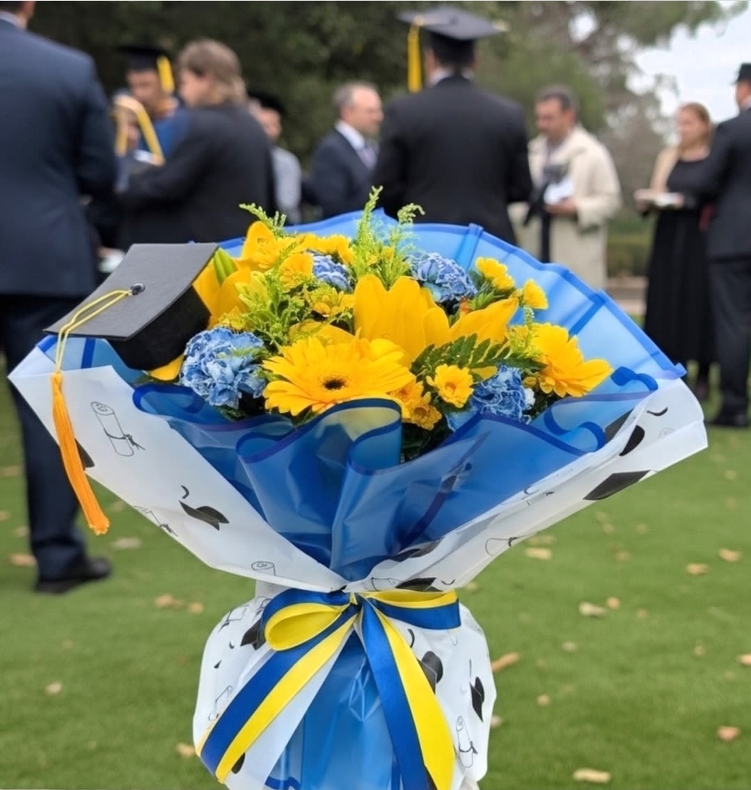Graduation Bouquet Or Set Any Color  - Ideal for grads of any age-high school, college, or trade school-this bouquet sends congratulations in a bright, joyful way and makes a photo-ready statement. Comes ready to gift with water source to guarantee freshness throughout  the graduation  ceremony. 