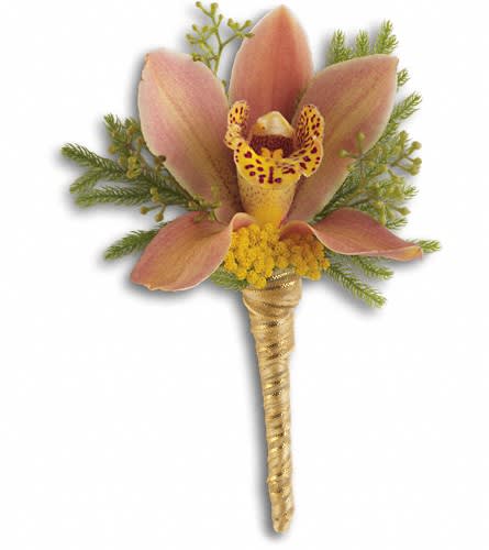 Pink orchid boutonniere with yellow center and green accents