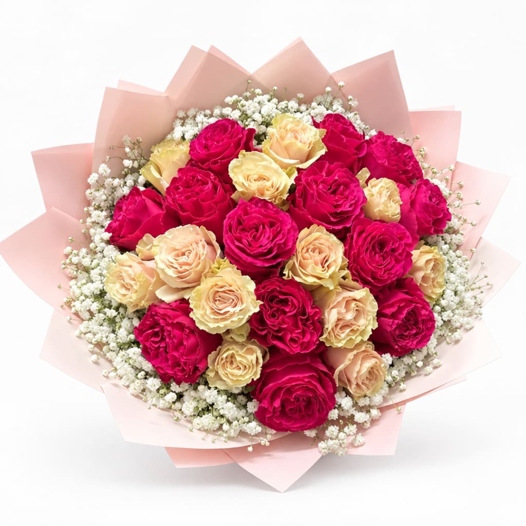 Bouquet of pink and peach roses with white filler flowers