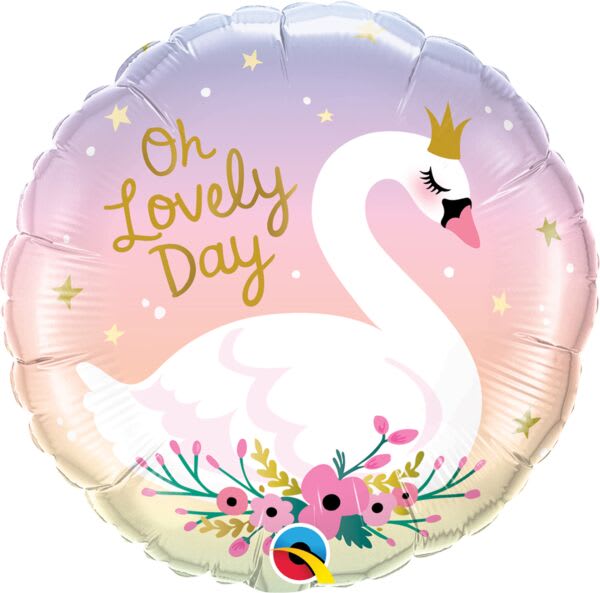 Round pastel balloon with a swan and the words "Oh Lovely Day"