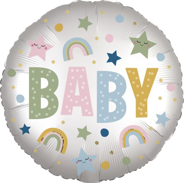 Round balloon with pastel stars and the word BABY