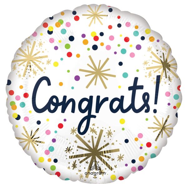 Round foil balloon with "Congrats!" text and confetti dots