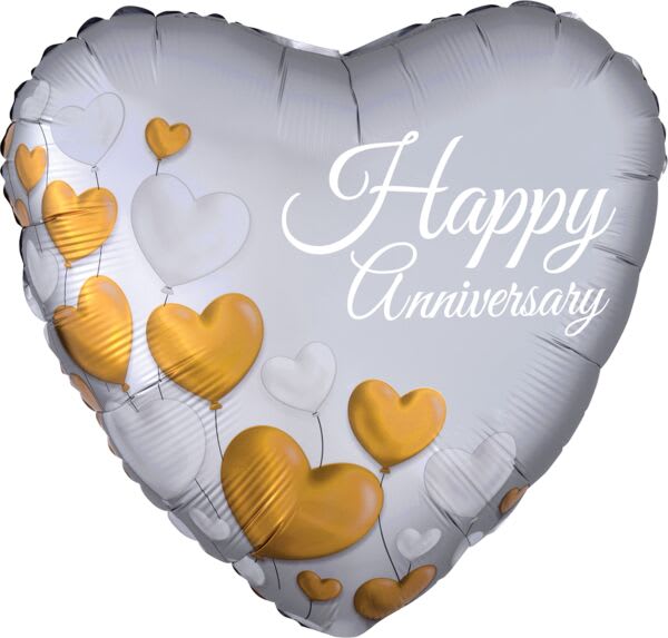 Heart-shaped silver balloon with gold and white hearts and Happy Anniversary text