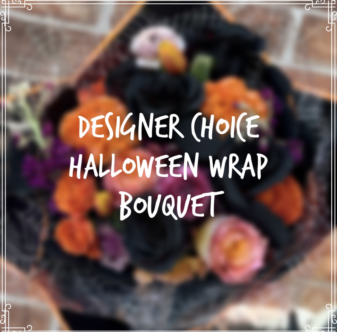 Halloween bouquet with orange and pink flowers wrapped in dark paper