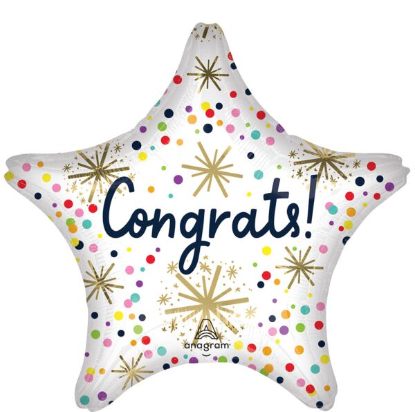 Star-shaped balloon with "Congrats!" text and confetti dots