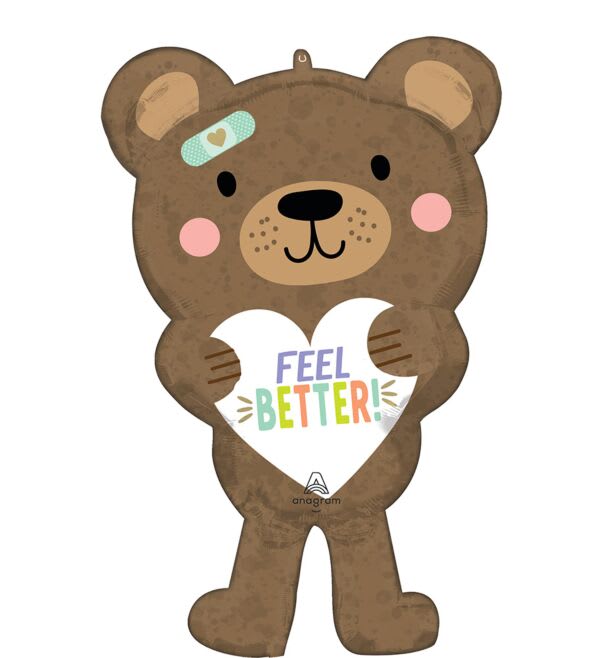 Brown teddy bear-shaped balloon holding a "Feel Better" sign