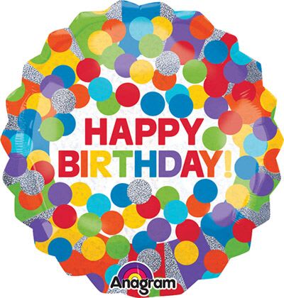 Round birthday balloon with colorful polka dots and "Happy Birthday" text
