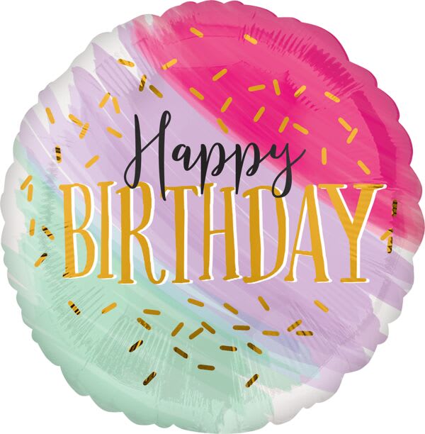 Round birthday balloon with pastel rainbow frosting design