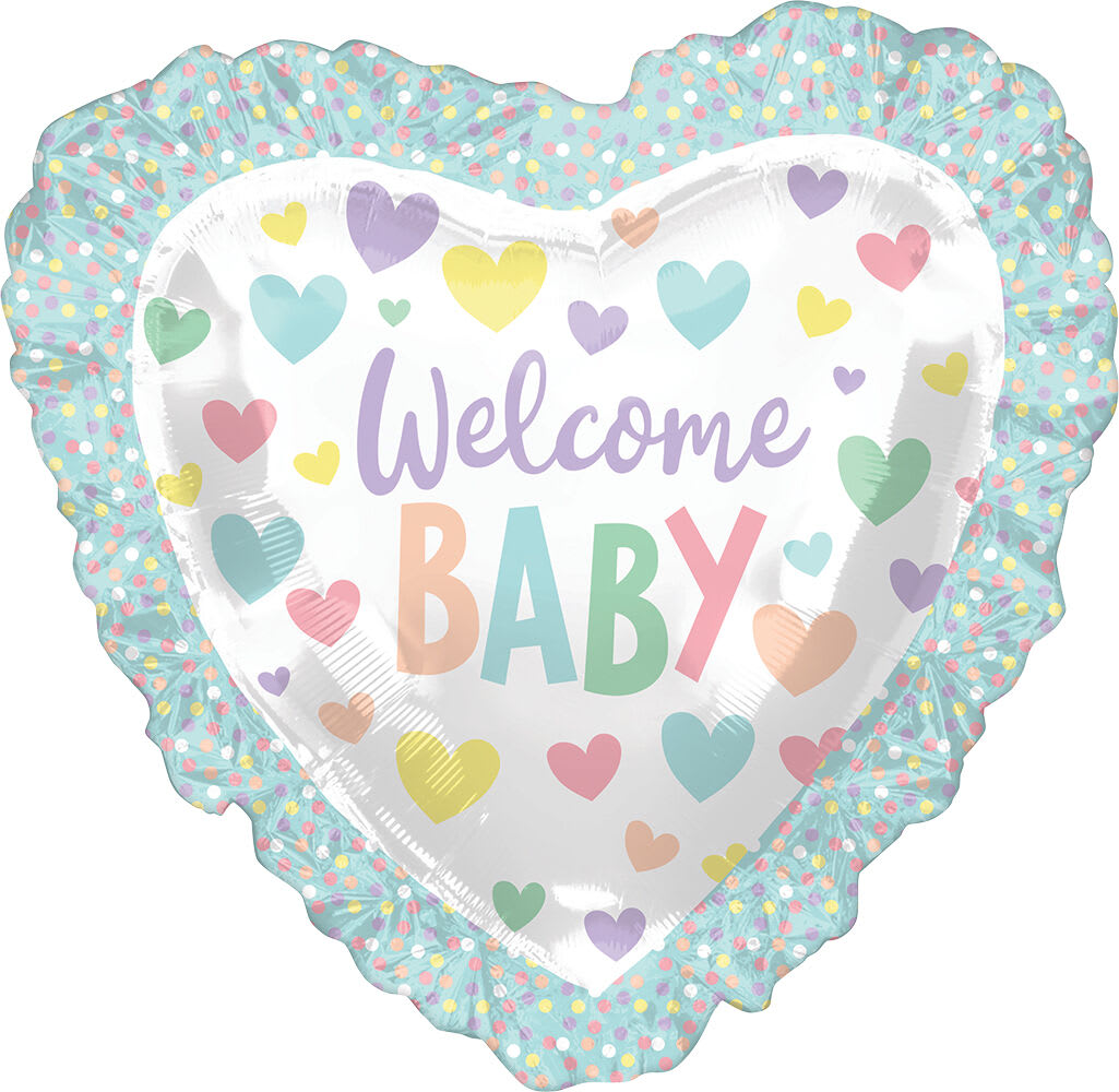 Heart-shaped balloon with "Welcome Baby" text and pastel hearts