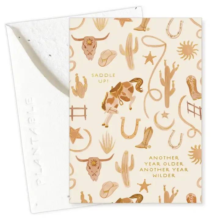 Western-themed birthday card with cowboy motifs and gold text