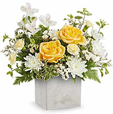 Contemporary Blossoms - Bring a touch of modern elegance to their day with the Contemporary Blossoms Bouquet, featuring fresh white and yellow blooms arranged in a sleek concrete-inspired modern cube.