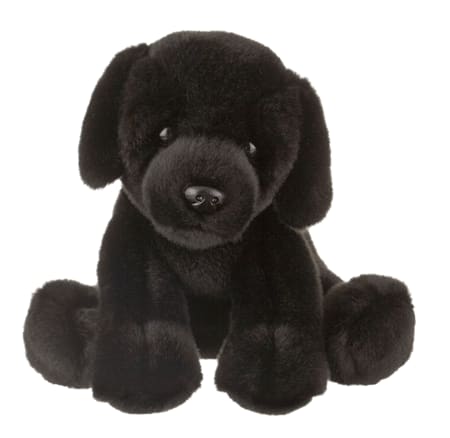 Black plush dog toy sitting on a white background