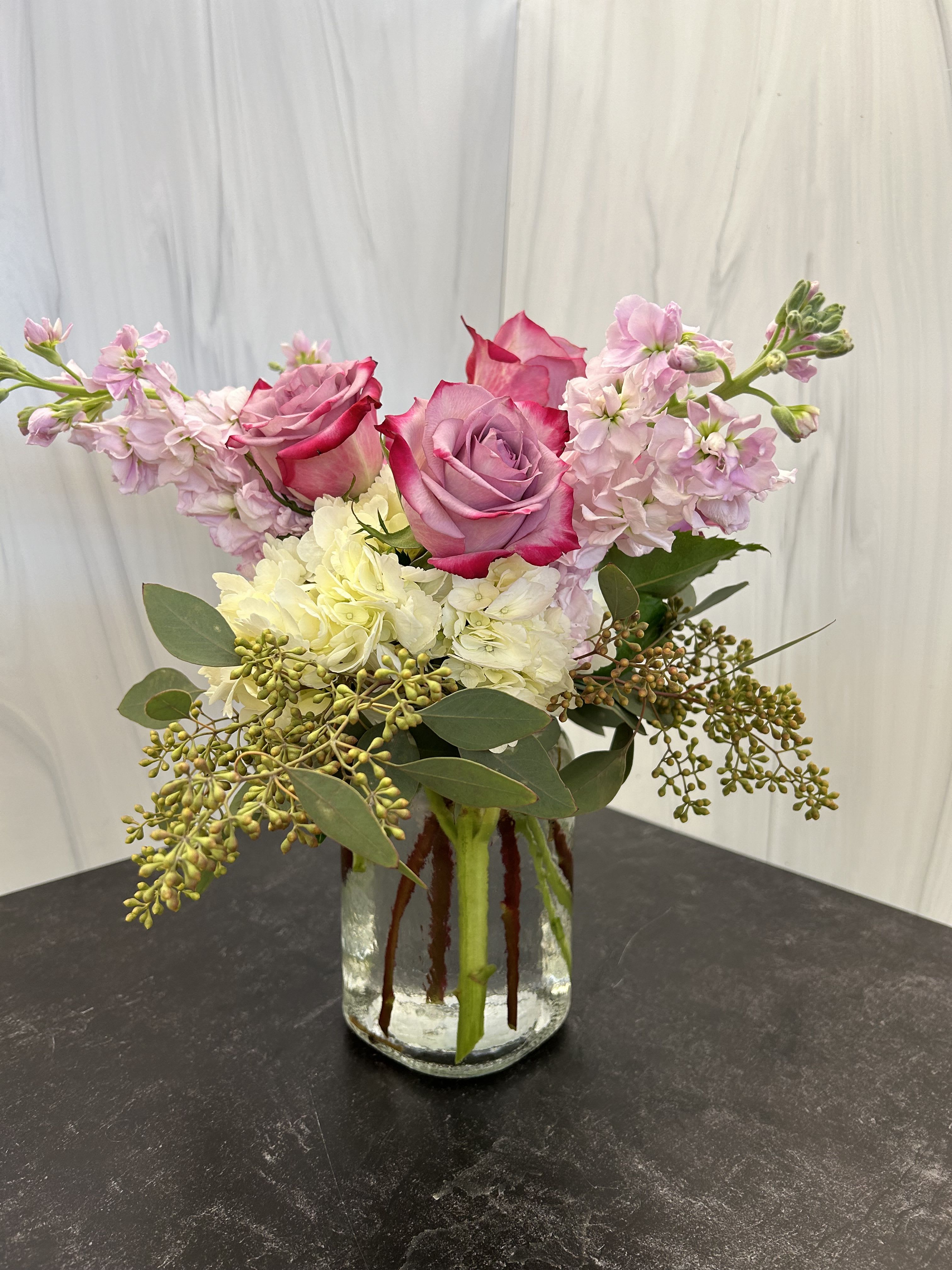 My Sweatheart - This arrangement contains white hydrangea, pink roses, pink stock, &amp; seeded eucalyptus. Great gift for Valentine's Day, New Romance, or Just Because. 