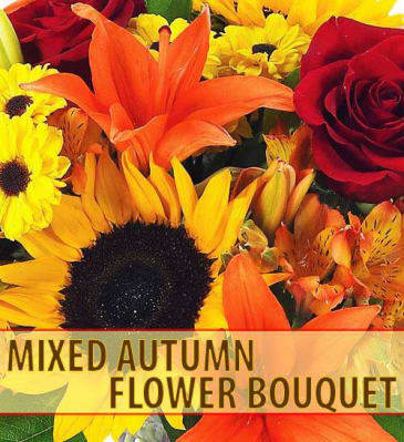 Mixed bouquet with sunflowers, roses, lilies, and yellow daisies in autumn colors