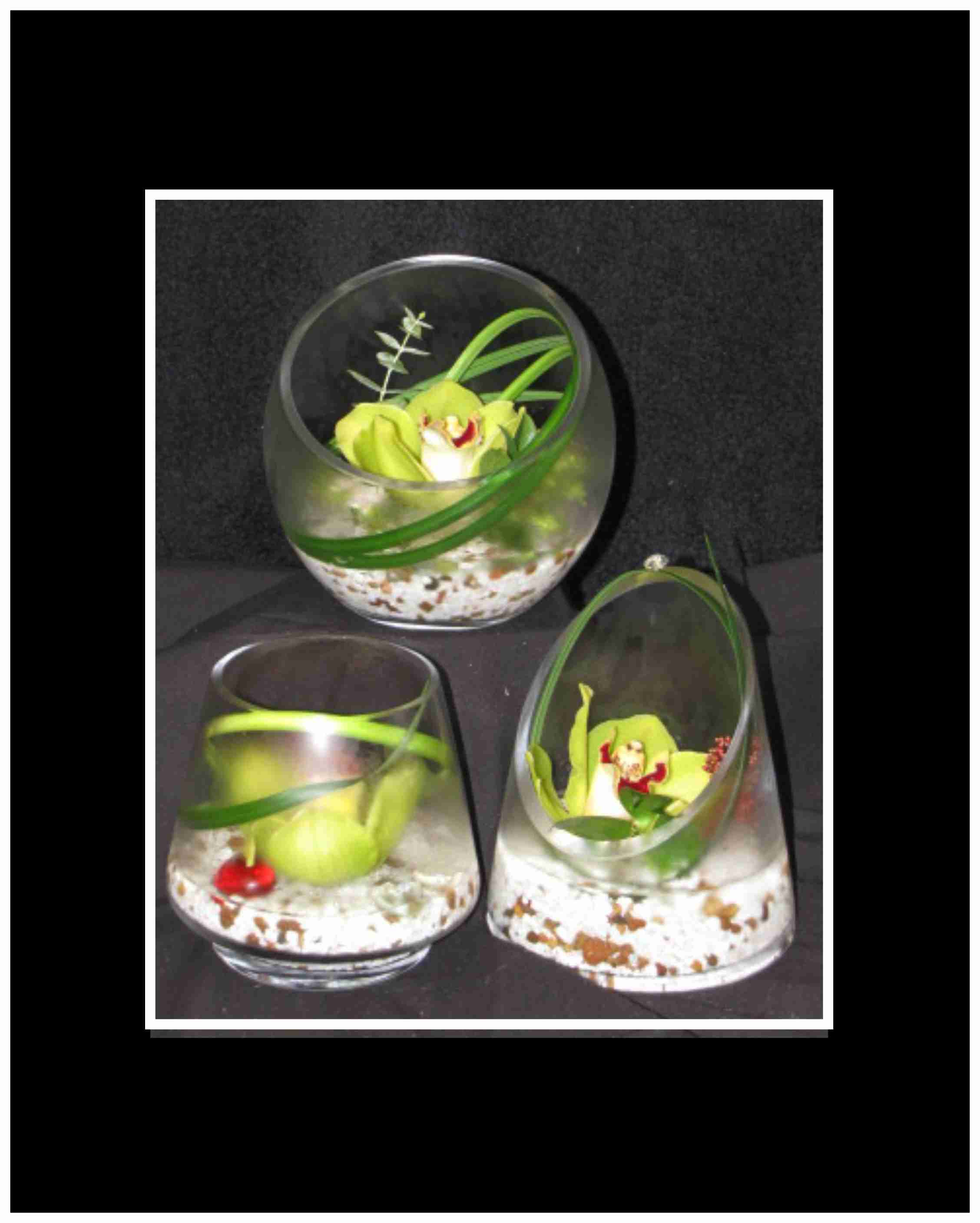 Three small glass vase arrangements with green orchids on a dark background