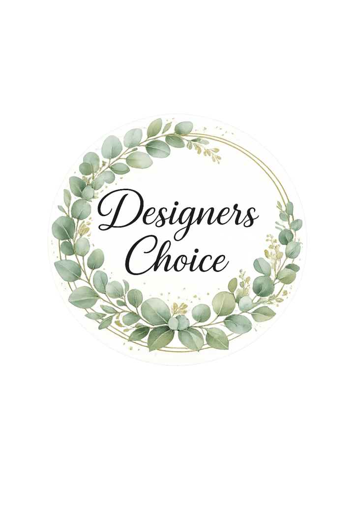 Round badge with eucalyptus wreath and the words "Designers Choice"