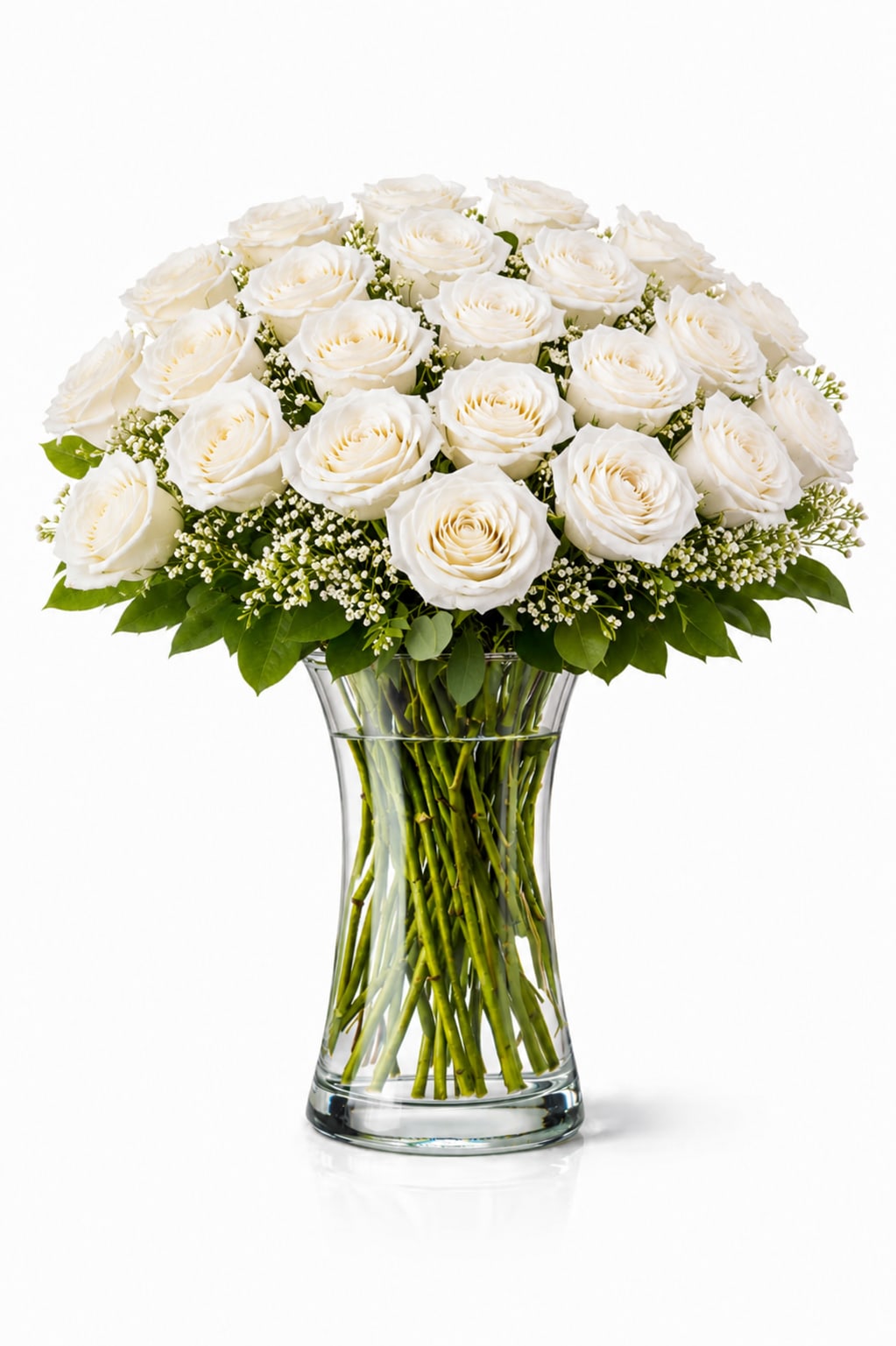 2 Dozen White Roses - White roses, with mixed greens.  *Vase/container may vary depending on availability of stock at time of purchase. *We strive to use the flowers shown whenever possible; however, substitutions of equal or greater value may be made based on seasonal. 