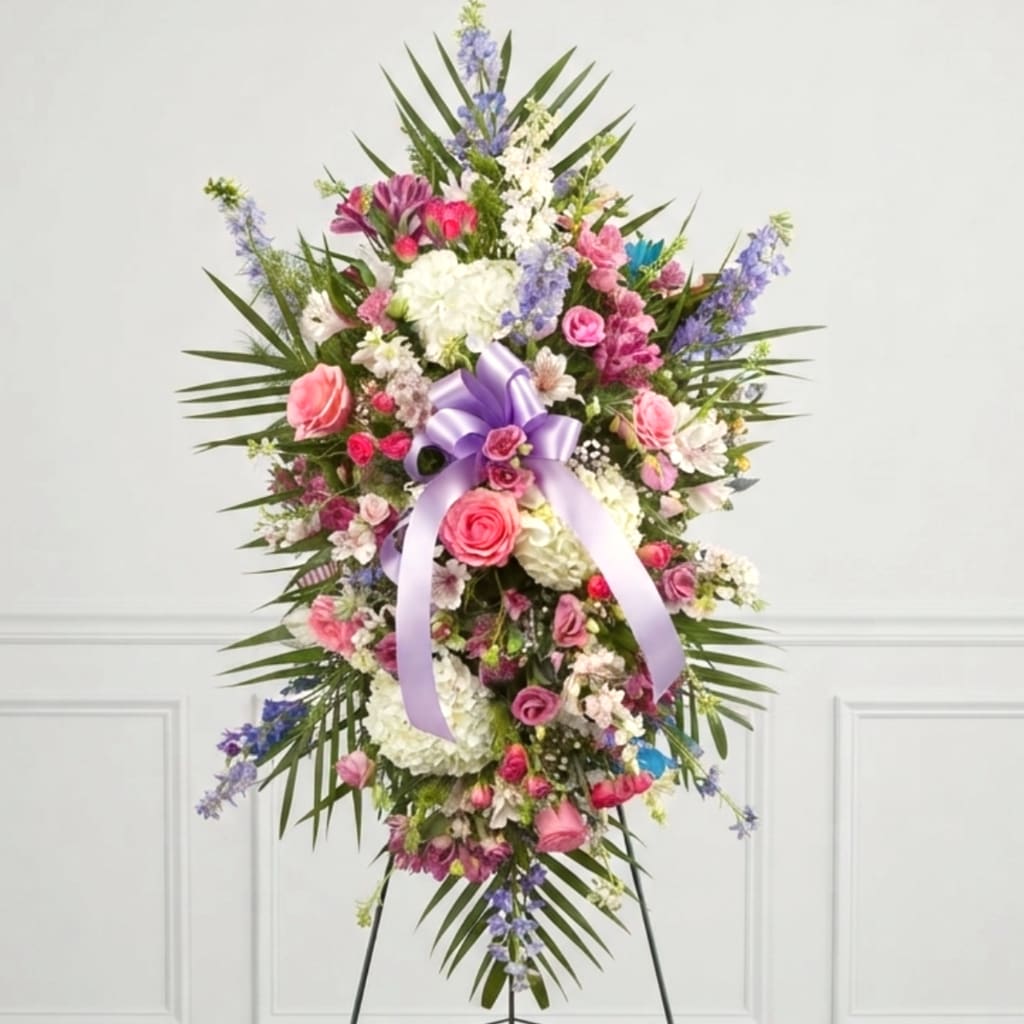 Tall floral standing spray with pink, white, and purple blooms and a lavender ribbon