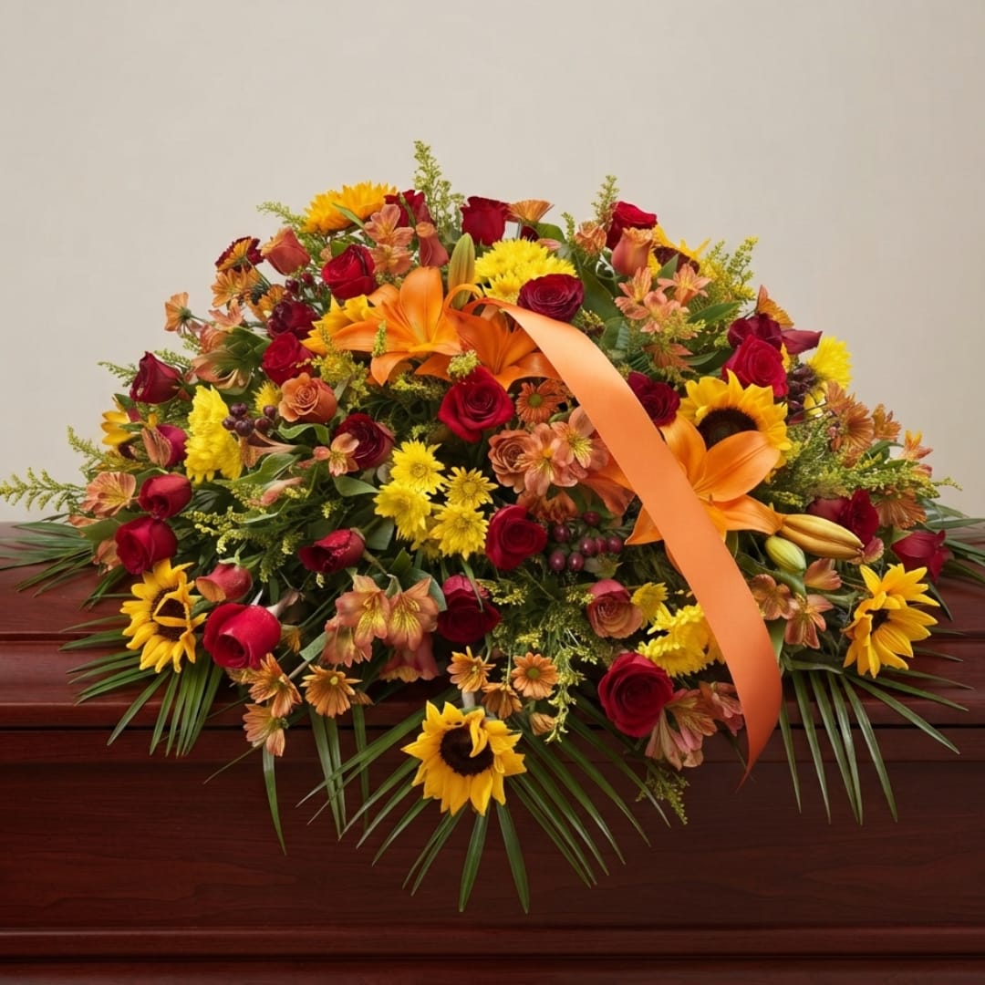 Mixed bouquet with red roses, orange lilies, and yellow sunflowers