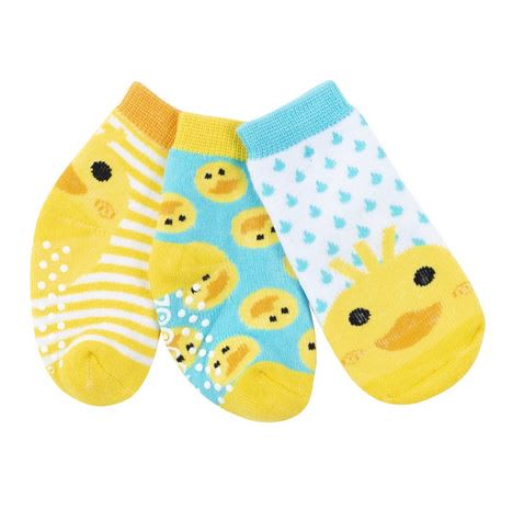 Three pairs of baby socks with duck patterns in yellow and blue