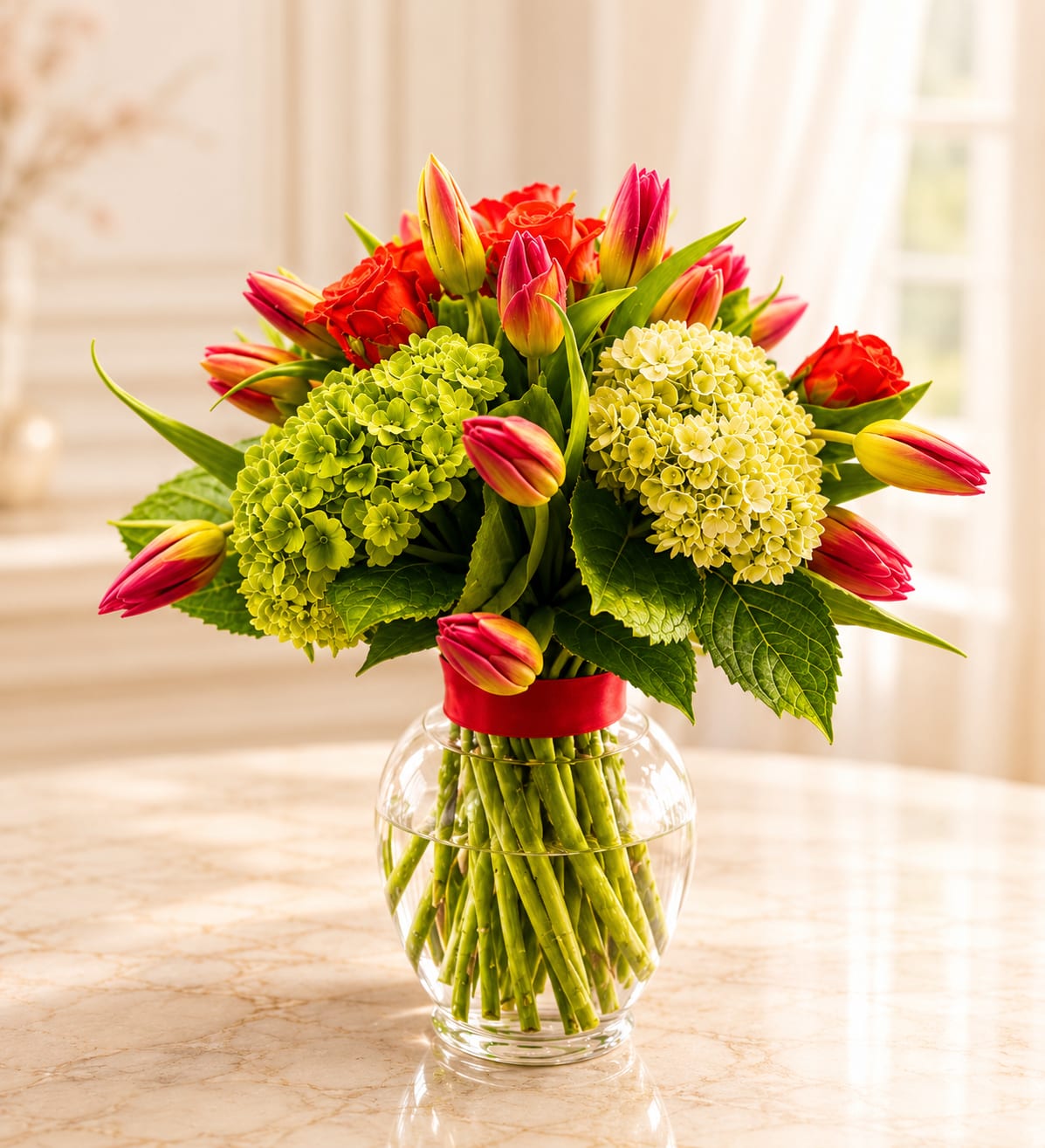 Tulips and Roses - This bouquet is a vibrant celebration of warmth, energy, and elegance. Bursting with orange tulips and orange roses, it radiates joy, passion, and heartfelt enthusiasm. The Tulips, with their sleek, cup-shaped blooms, bring a sense of fresh beginnings and affectionate emotion. The roses add layers of depth-each velvety petal a note of admiration, desire, and lasting love.  Cradling these vivid blooms are lush green hydrangeas, their voluminous clusters offering a soothing contrast. The green brings balance and harmony, symbolizing renewal, grounding, and abundance.  Together this bouquet feels like a sunlit garden at the height of summer- rich, romantic, and full of life. It's a perfect expression of bold affection, spirited charm, and natural beauty wrapped in golden warmth and earthy elegance.