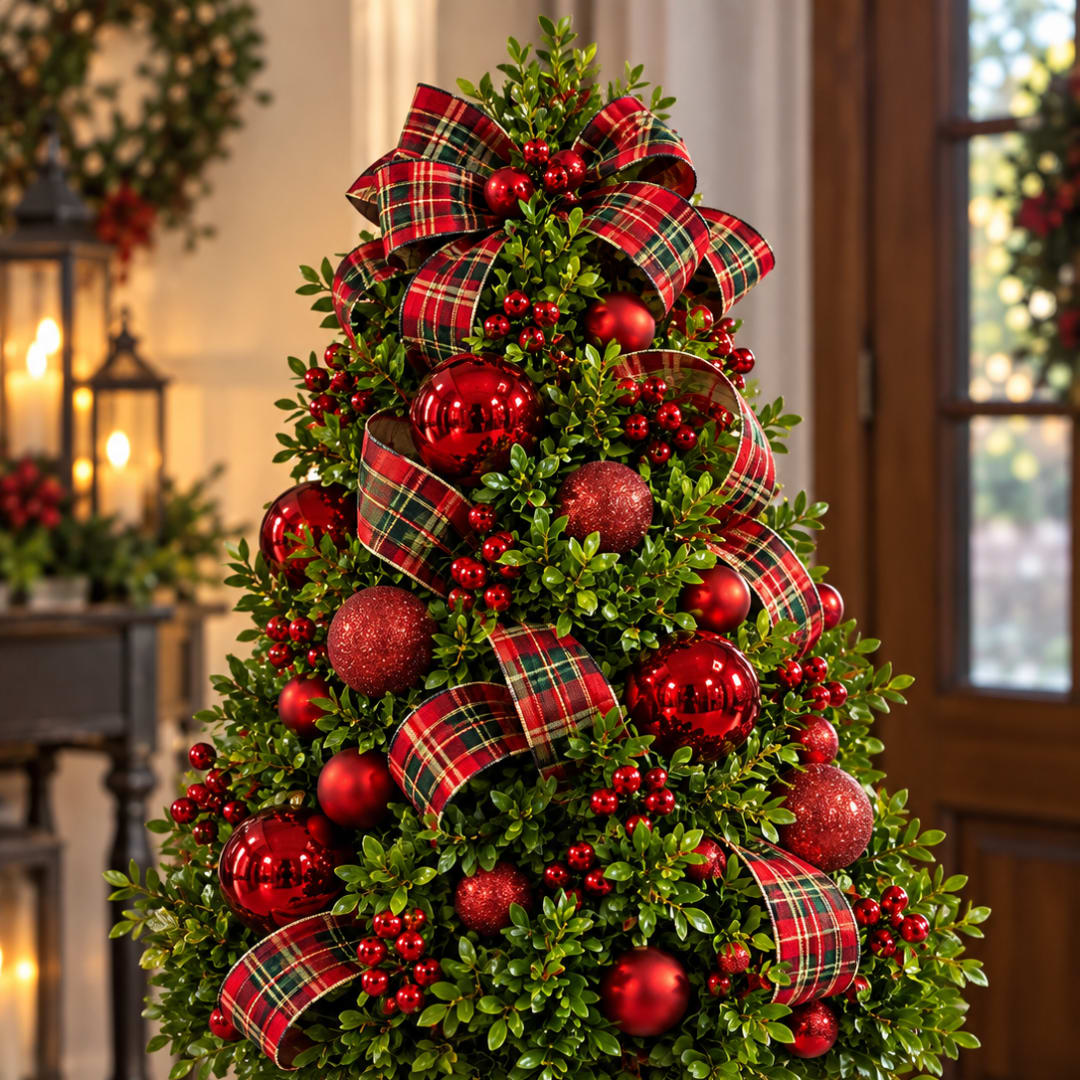 Decorated Christmas tree with red ornaments and plaid ribbon