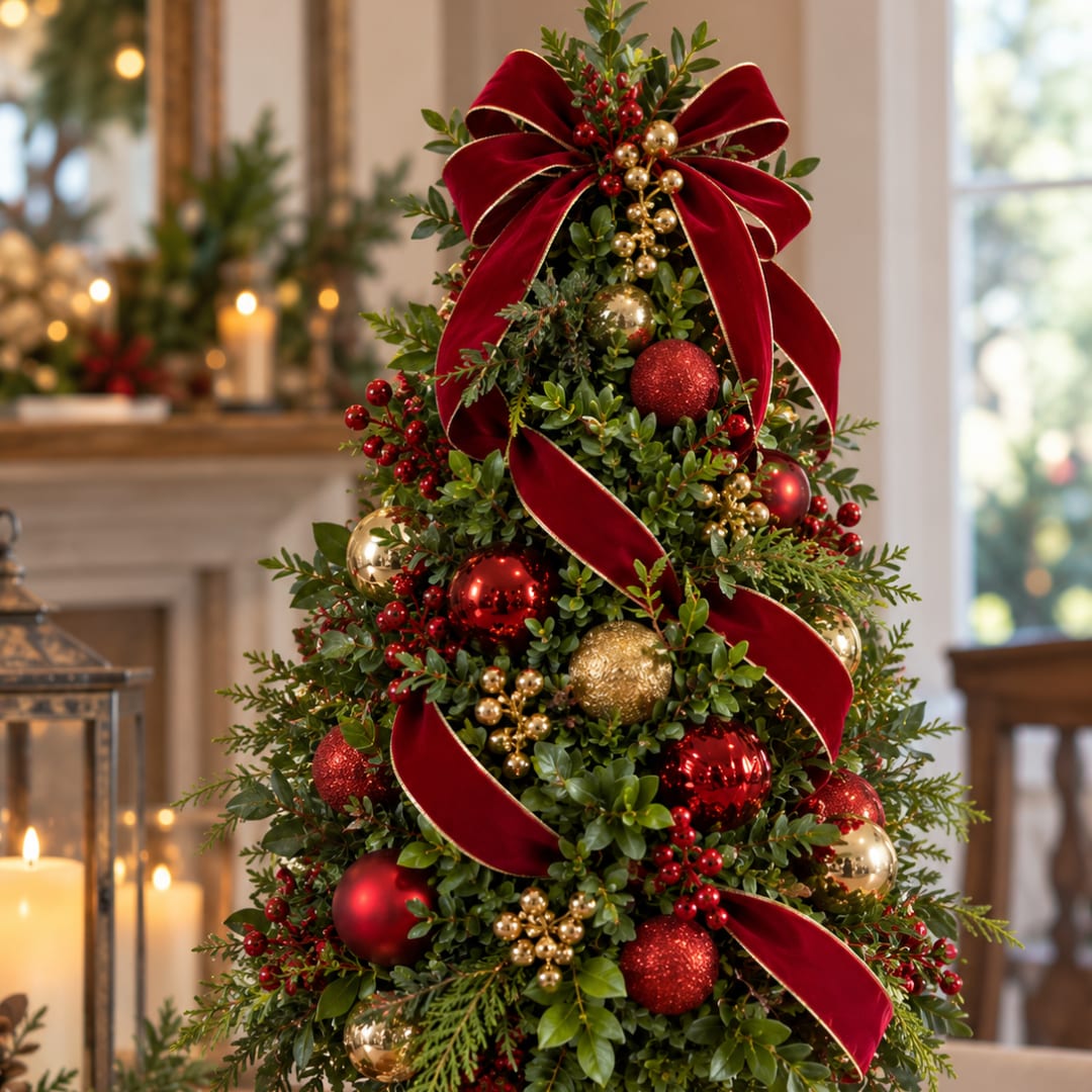 Decorated Christmas tree with red ribbon and gold ornaments
